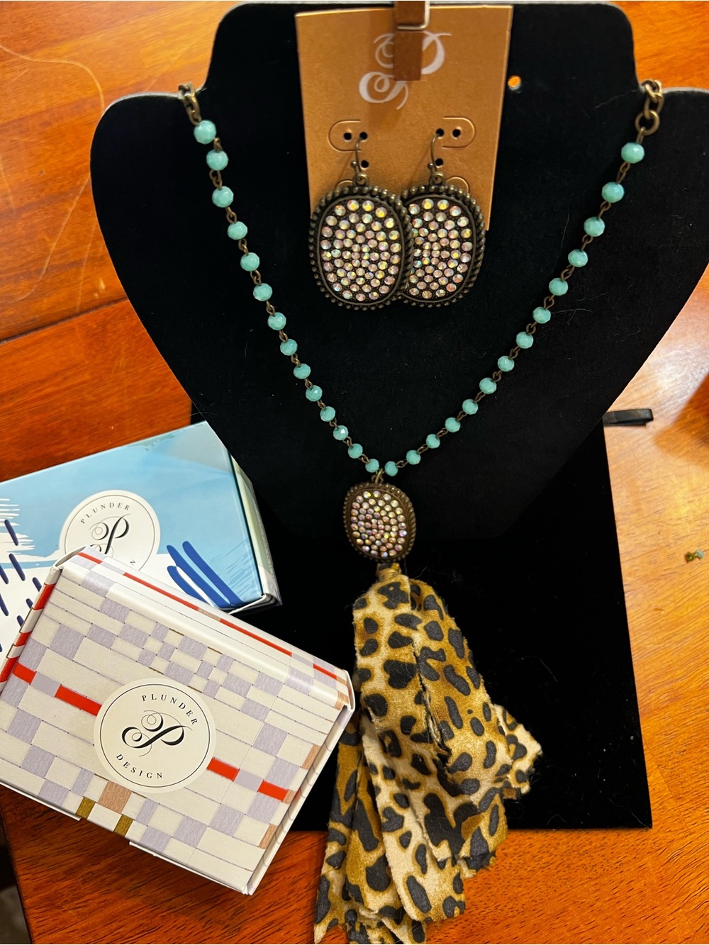 Plunder Turquoise Beaded Necklace with Leopard Tassel and Crystal Drop Earrings